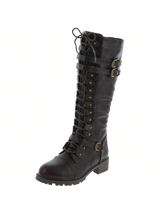 Women's Lace-Up Strappy Knee High Combat Stacked Heel Boot