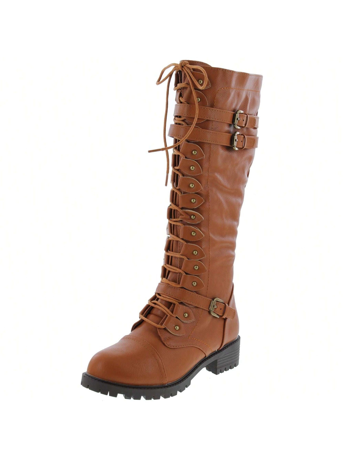 Women's Lace-Up Strappy Knee High Combat Stacked Heel Boot