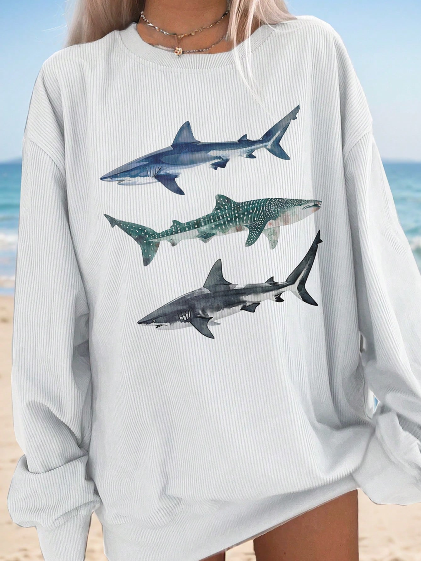 Beach Pattern & Ocean Creatures Print Casual Round Neck Casual Long Sleeve Sweatshirt For Women