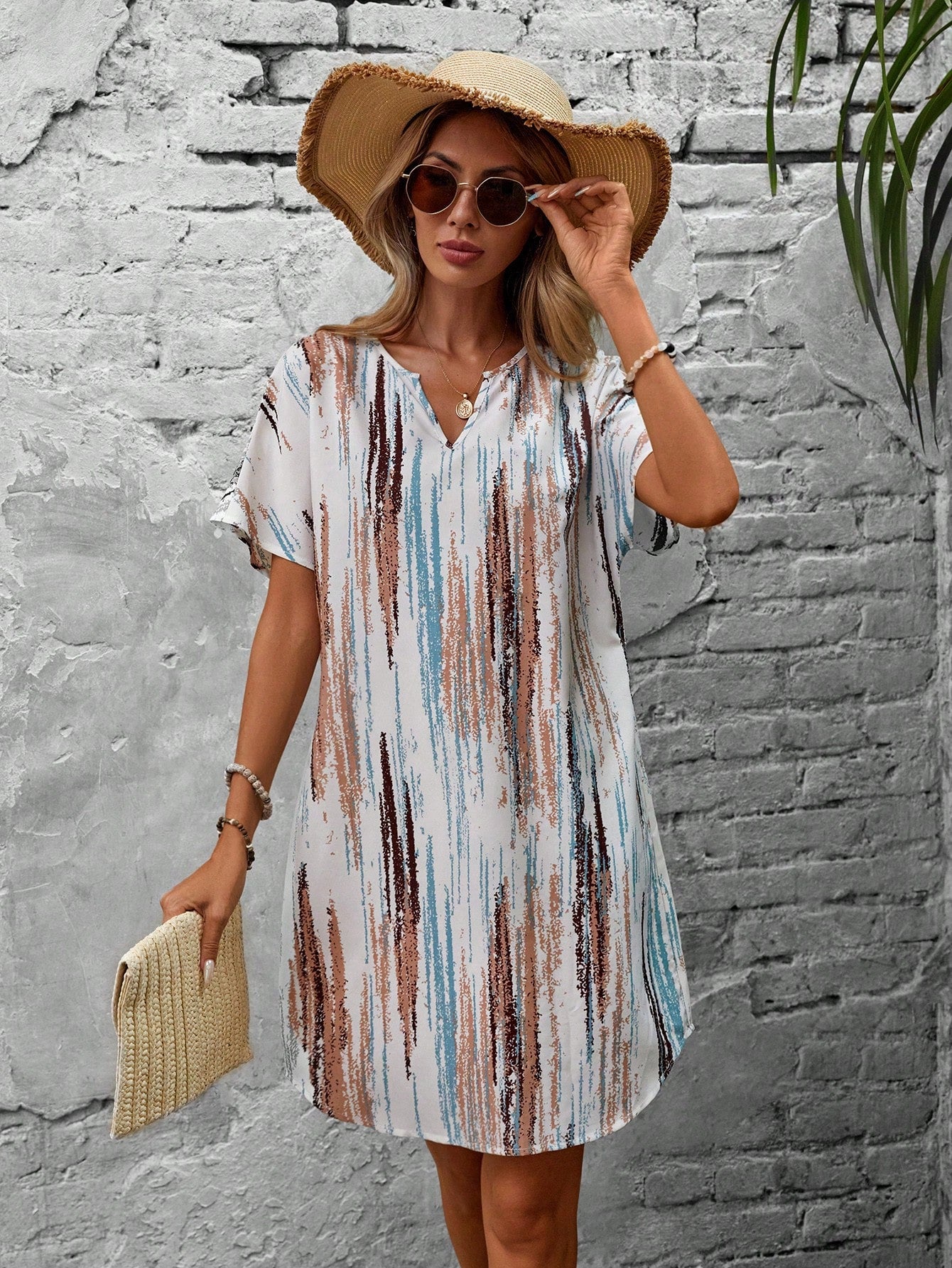 Summer Allover Print Notched Neck Batwing Sleeve Tunic Dress