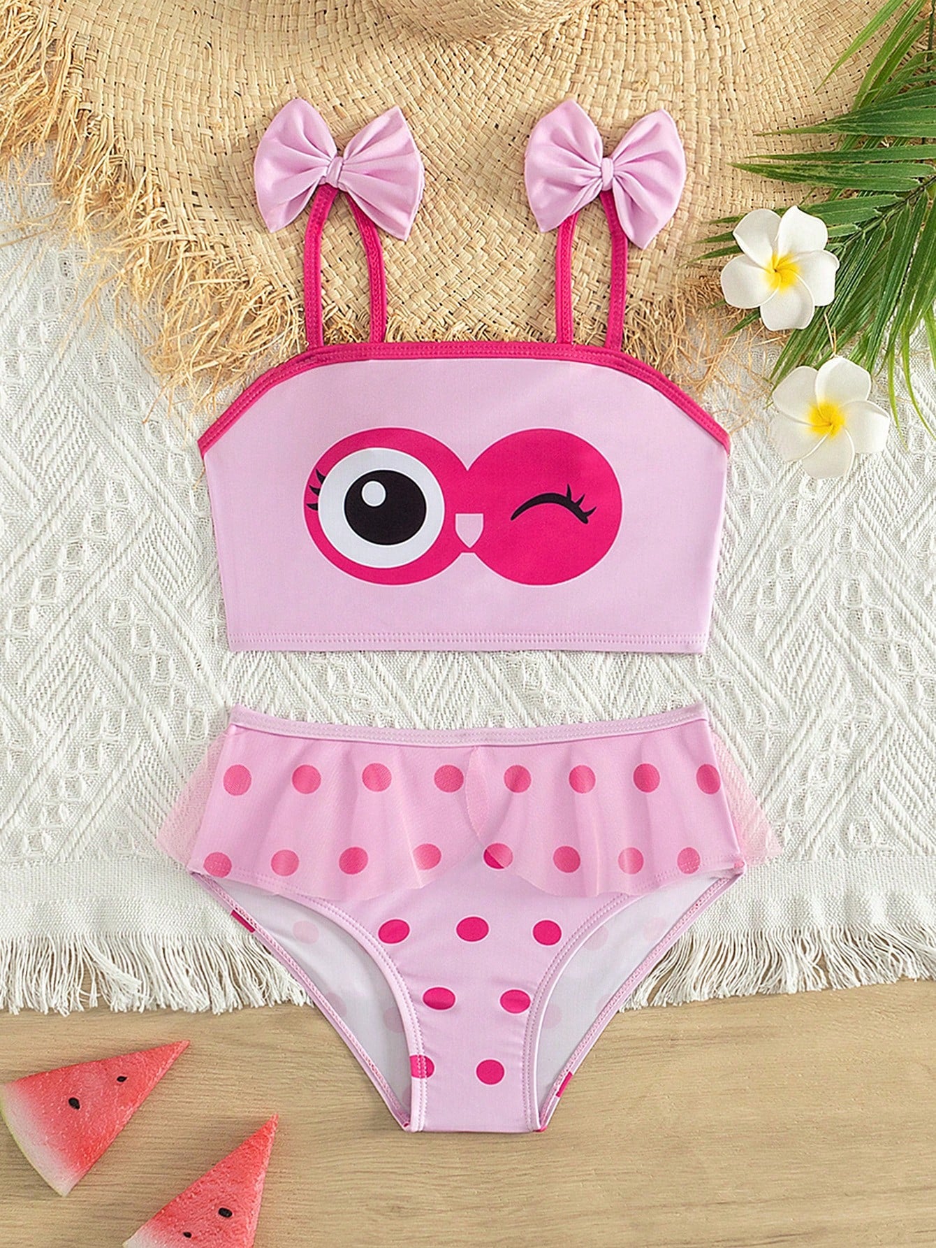 Young Girl Color-Block Striped Cartoon Print Swimsuit Set For Beach Holiday