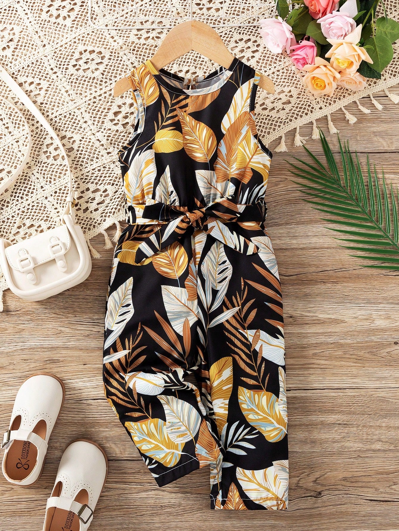 Young Girl Tropical Printed Waist-Tied Jumpsuit With Vest Top