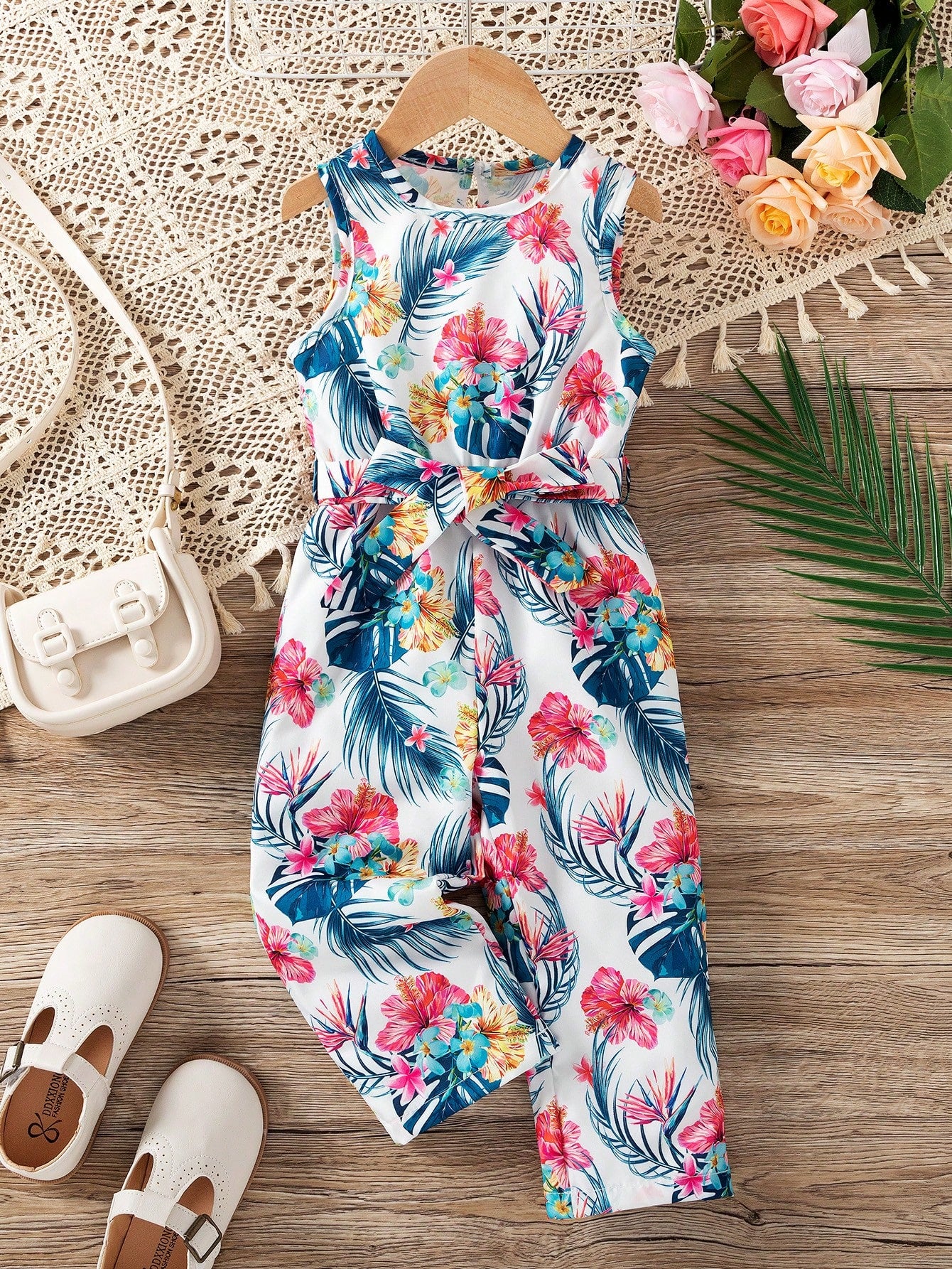 Young Girl Tropical Print Belted Tank Jumpsuit