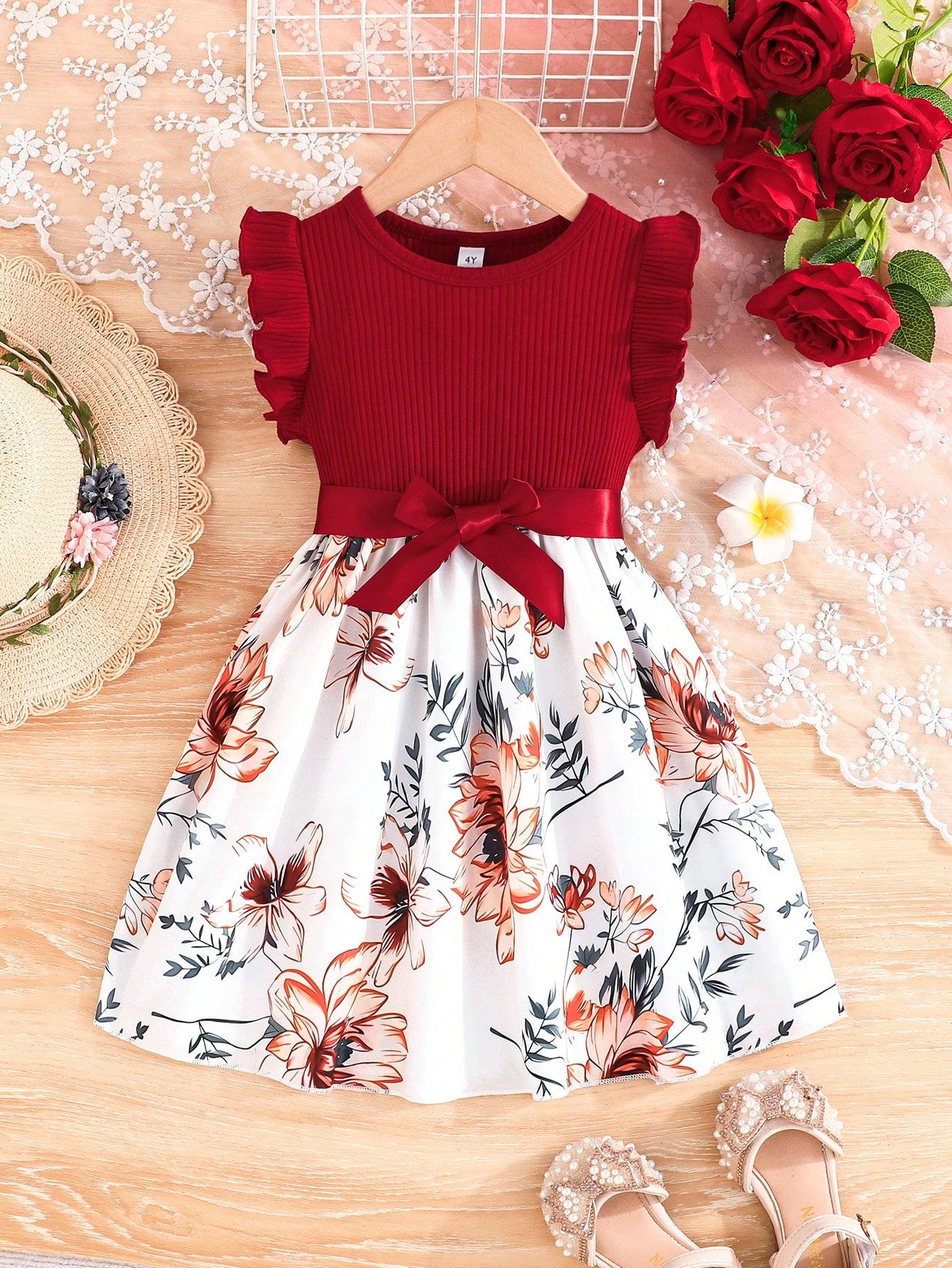 Young Girl Summer New Arrival Fashionable Dress With Ruffle Cuffs And Pocket Design, Featuring Floral Print And Striped Patchwork Details