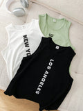 3pcs Teen Boys' Casual Loose Comfortable English Printed Sleeveless Tops, Multicolor