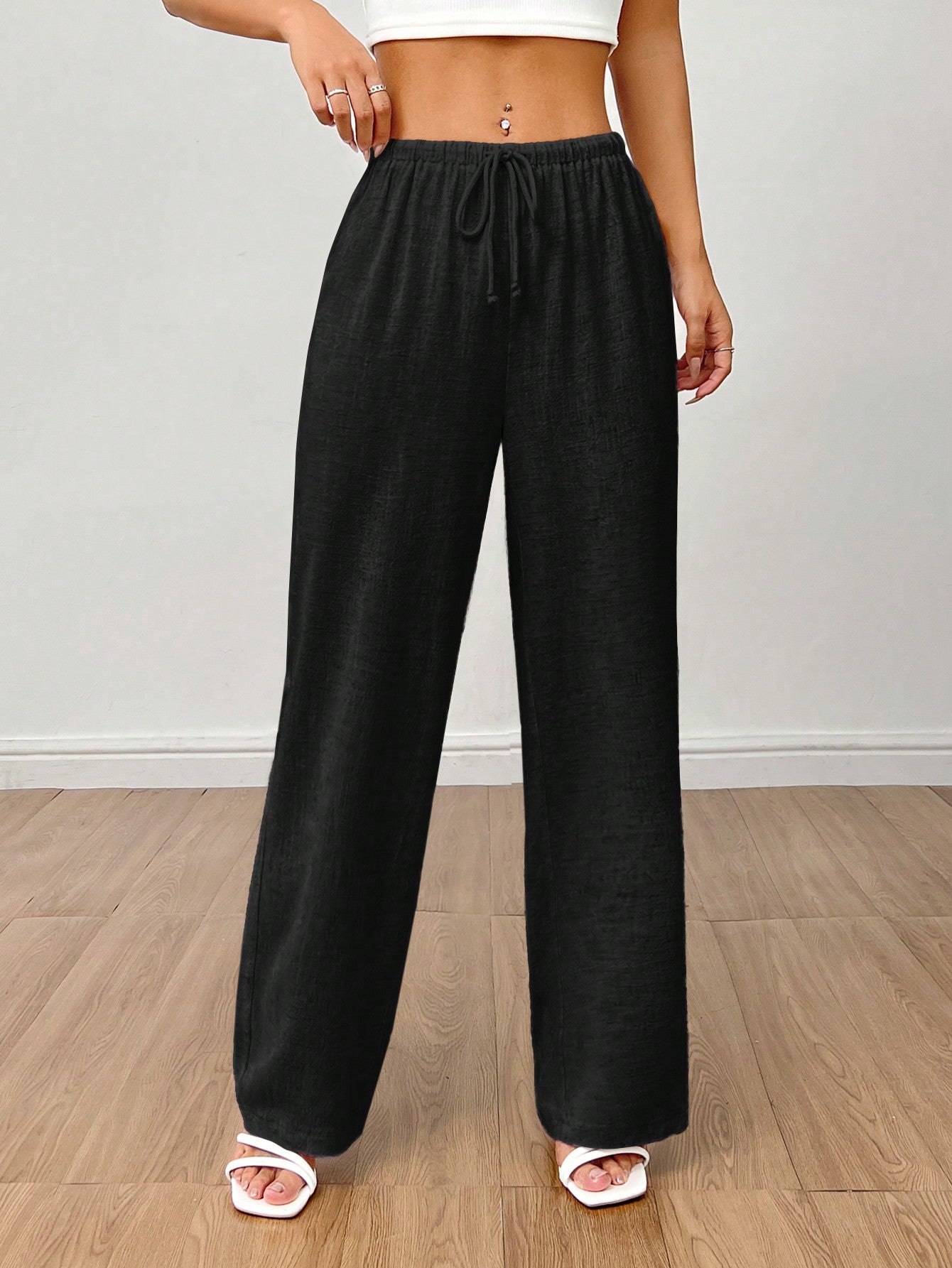 PETITE Solid Drawstring Waist Wide Leg Pants