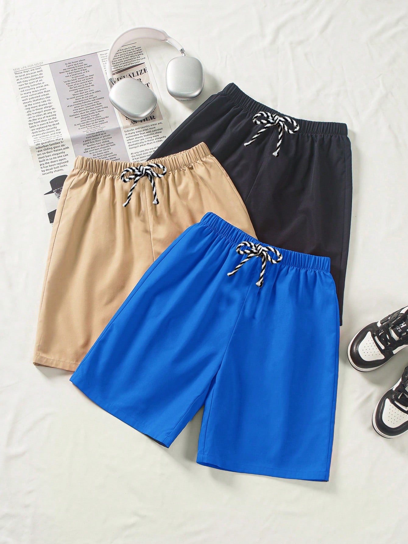 Tween Boy 3pcs/Set Casual Solid Color Wide-Leg Woven Shorts, One Piece In Three Colors