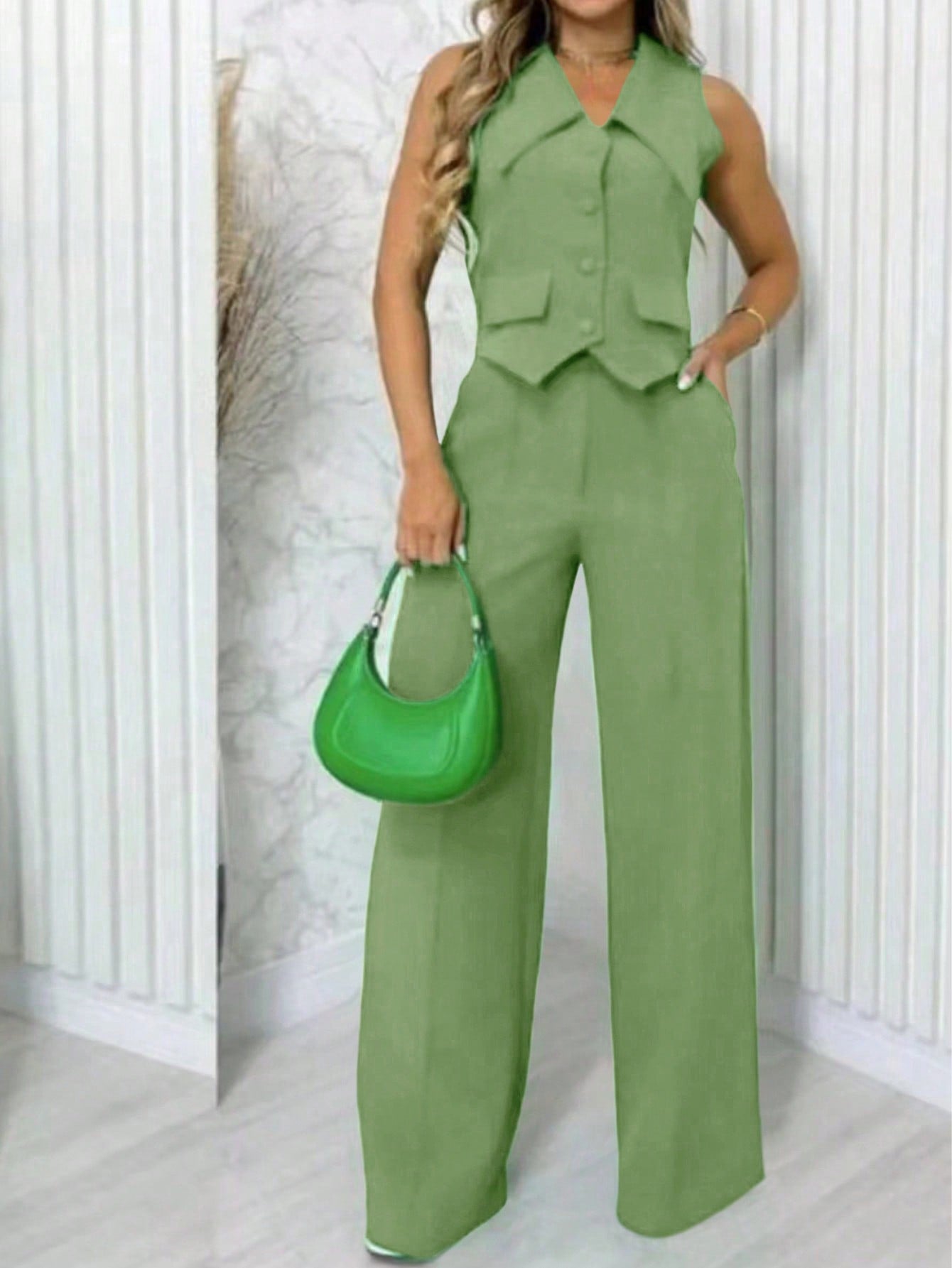 Women's Summer Solid Color Lapel Single Breasted Vest And Wide Leg Pants Daily Commute Suit Set