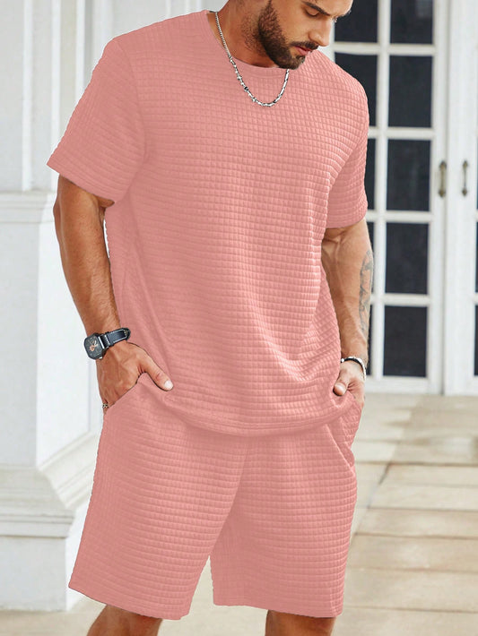 Men's Plus Size Summer Solid Color Round Neck Short Sleeve Casual T-Shirt And Shorts Set