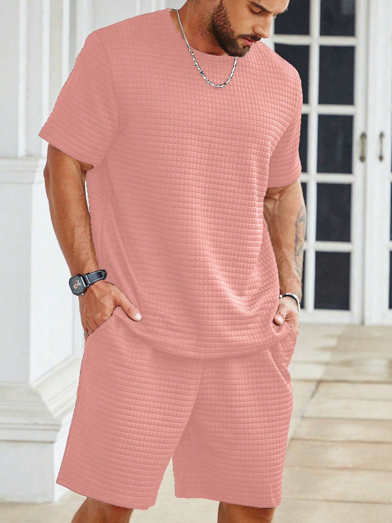 Men Plus Solid Tee & Drawstring Waist Shorts