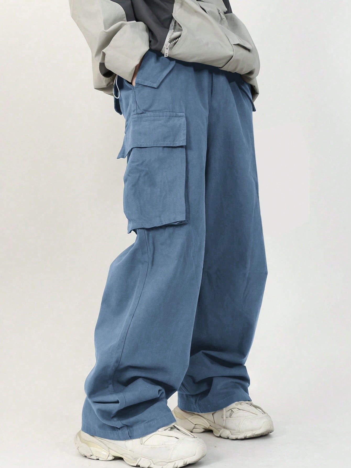 Tween Boy Vacation College Style Relaxed Fit Plain Cargo Pants With Slanted Pockets, Straight Leg