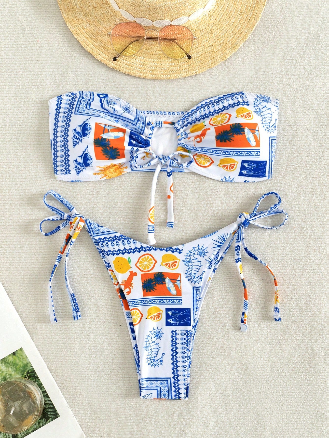 Women's Summer Beach Fruit Printed Bandeau Bikini Set