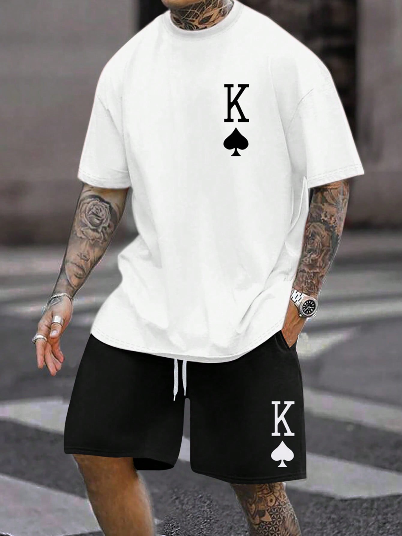 Men's Plus-Size Summer Poker Pattern Print Round Neck Short Sleeve T-Shirt And Drawstring Waist Shorts Outfits