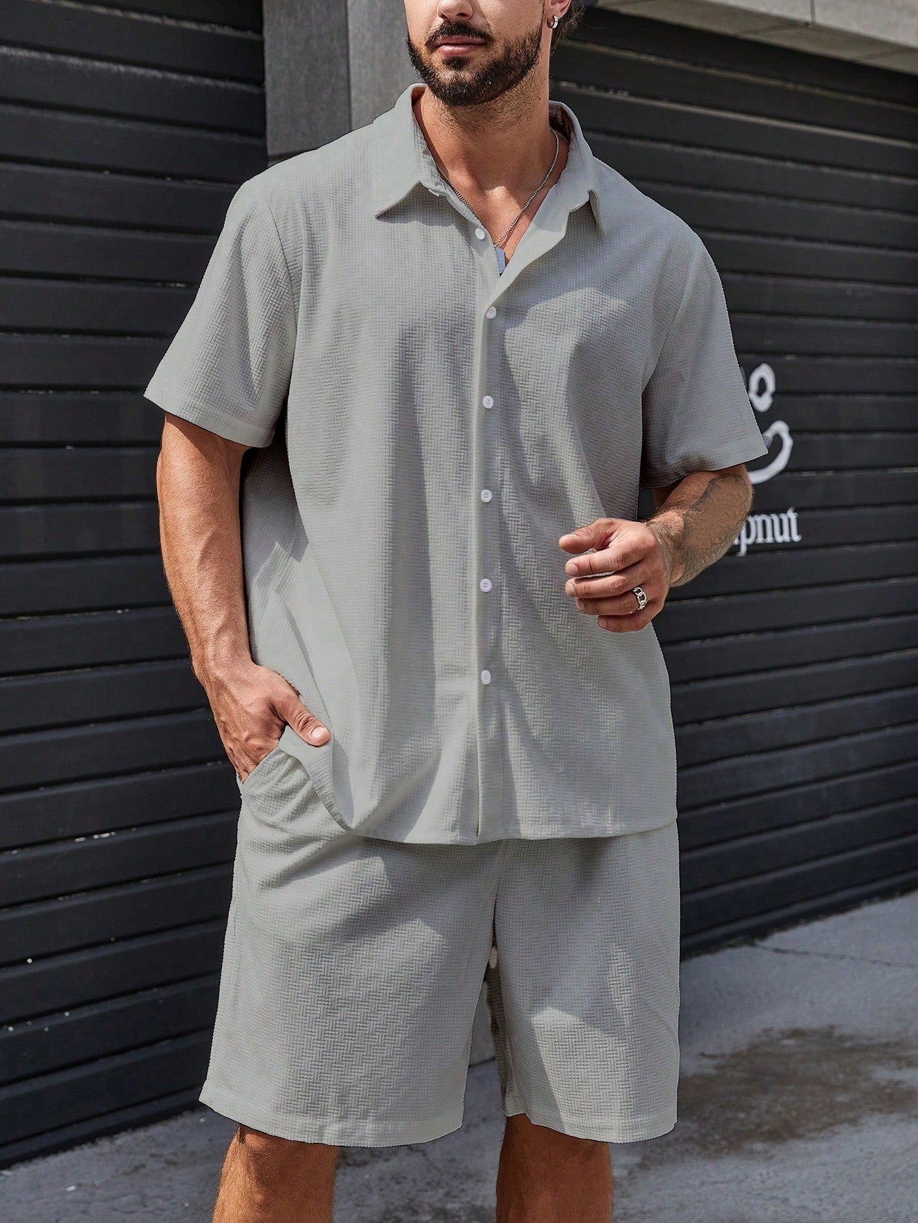 Men Plus Solid Button Up Shirt & Shorts