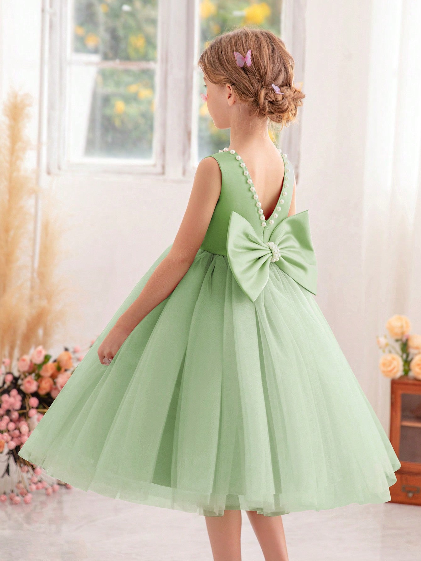 Young Girls' Pearl Butterfly Bowknot Formal Dress, Suitable For Birthday Party, Dance Party, Banquet, Festival And Wedding, Elegant Daily Wear, Stage Show, Fashion Show, Performance