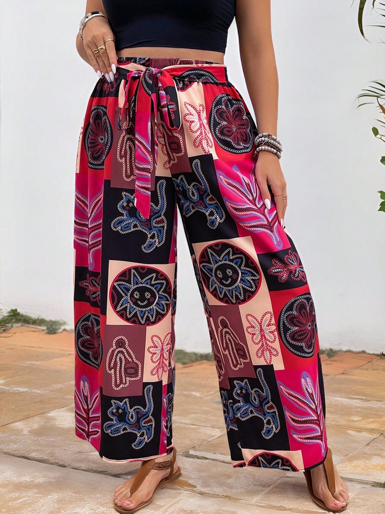 Plus Allover Print Belted Wide Leg Summer Pants Flowy Pants