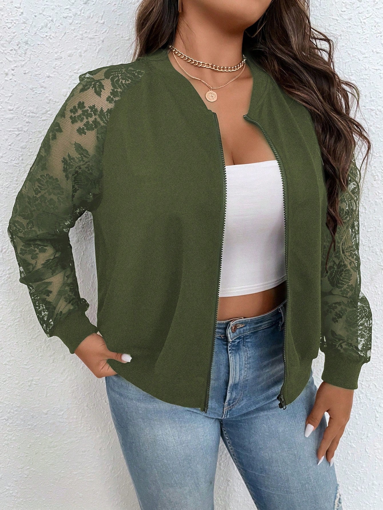 Plus Size Lace Patchwork Zipper Jacket