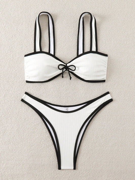 Swim Women's Summer Beach Bikini Set With Ruffled Trim Front Tie Two Pieces Bikini Set