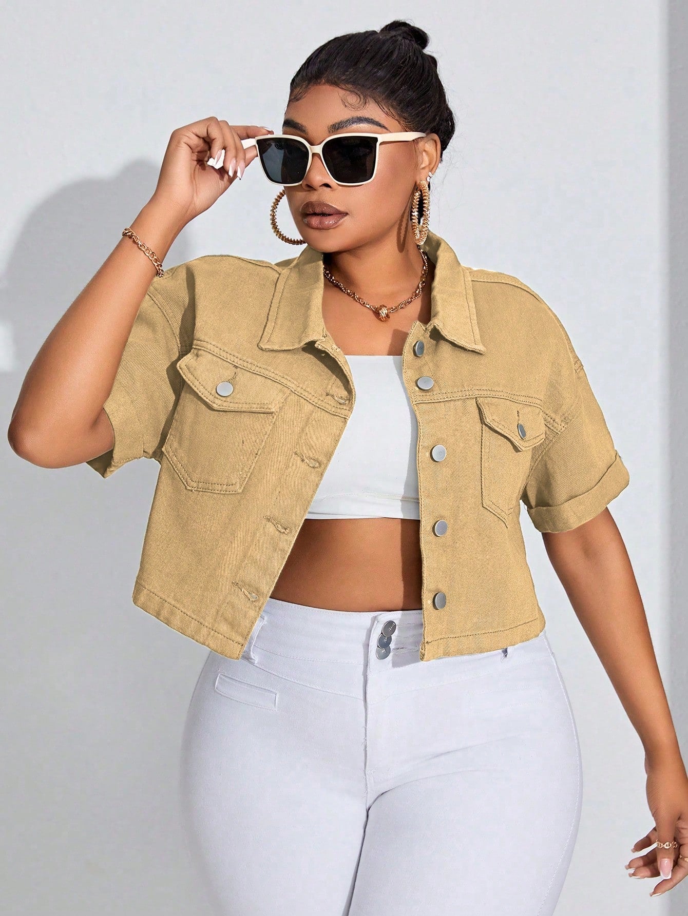 Plus Size Summer Casual Short Sleeve Cropped Denim Jacket