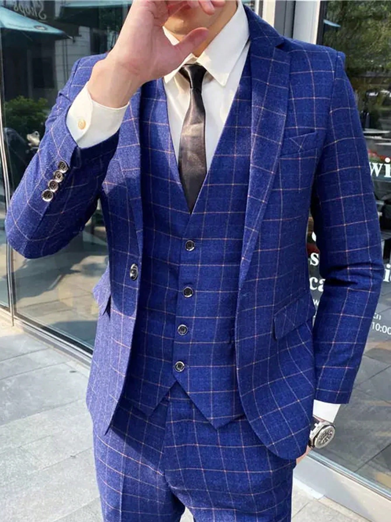 Men's Slim Fit Gentleman Formal Suit Jacket, Blue Plaid Business Blazer