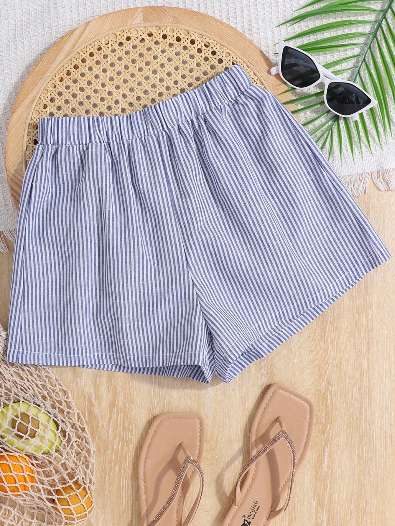 Teen Girls' Woven Striped Casual Shorts With Slanted Pockets