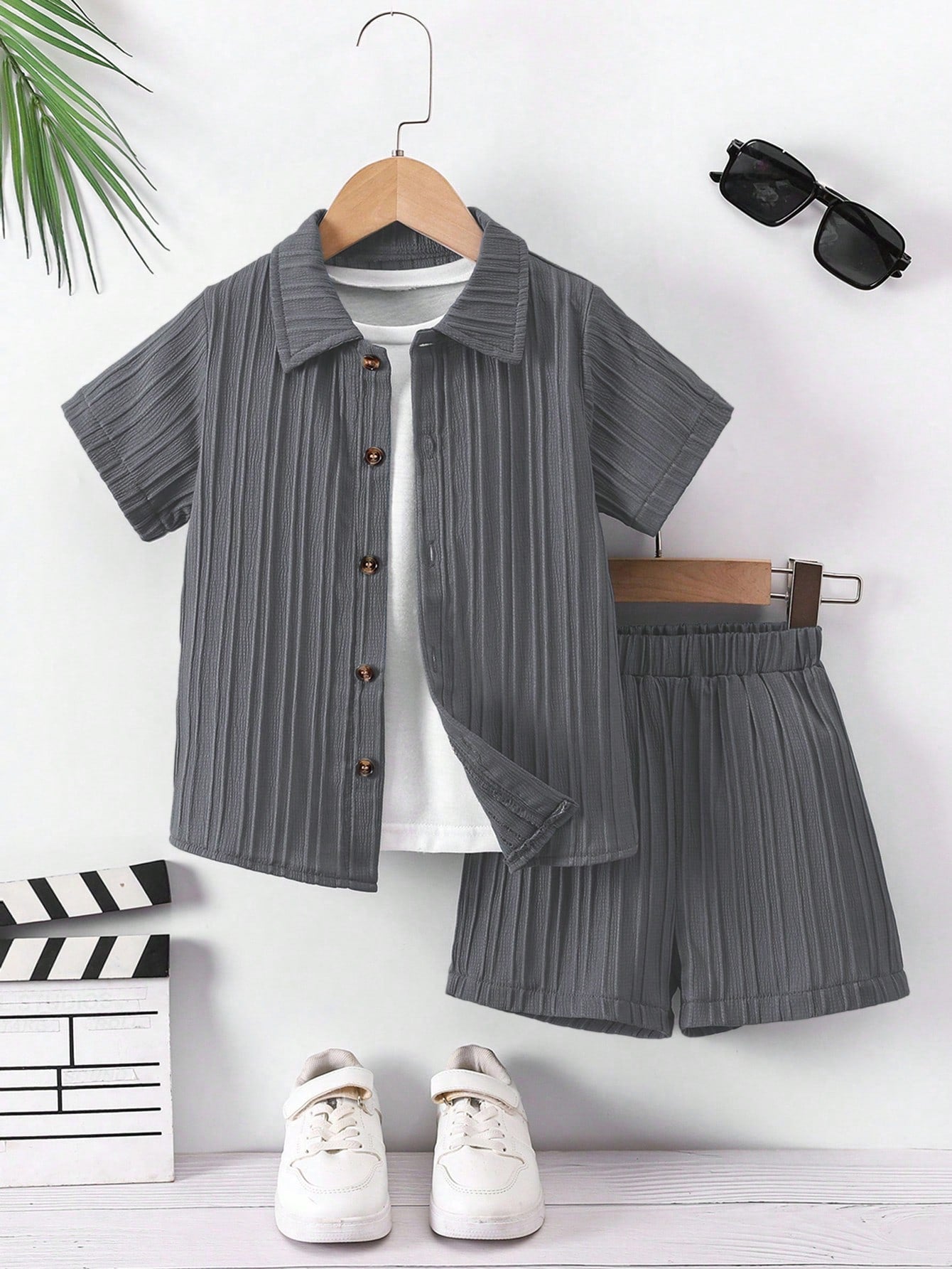 Young Boy Solid Button Front Shirt & Shorts Without Tee