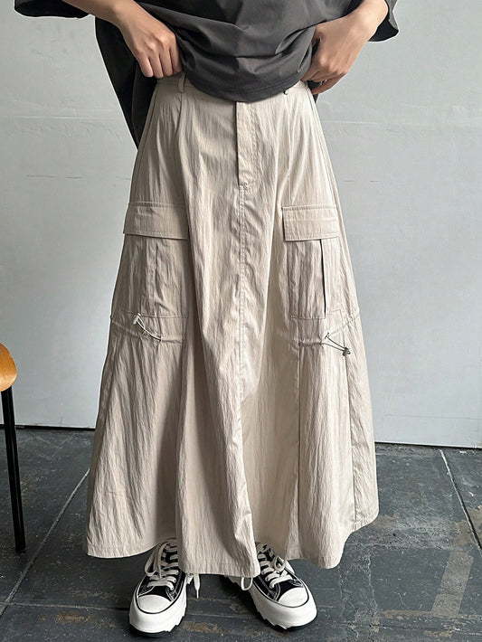 FRIFUL Women's Spring/Summer Casual Solid Color Drawstring Workwear Skirt