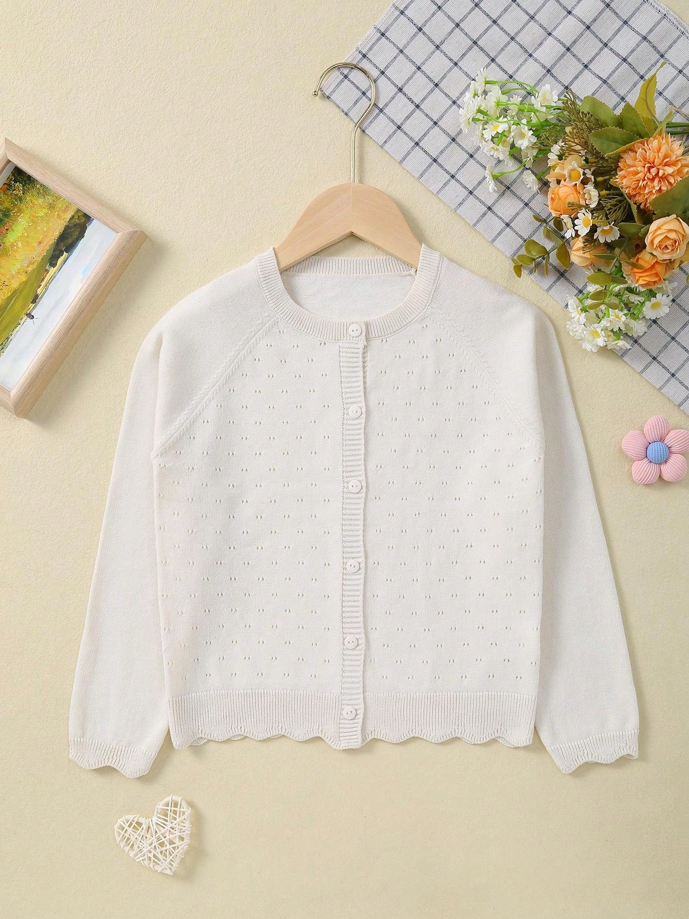 Young Girl Summer Lightweight Hollow Knit Cardigan With Buttons