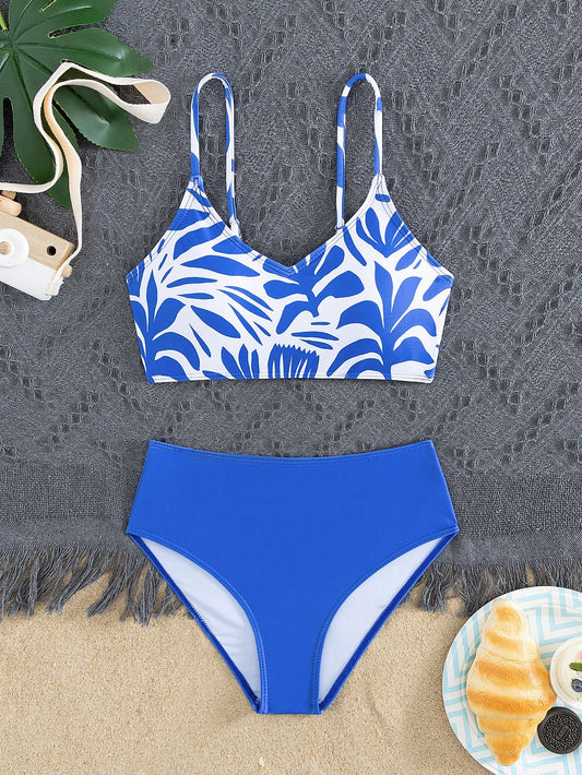 Tween Girl Summer Beach Plant Printed Spaghetti Strap Top With Solid Color Triangle Bottom Bikini Set