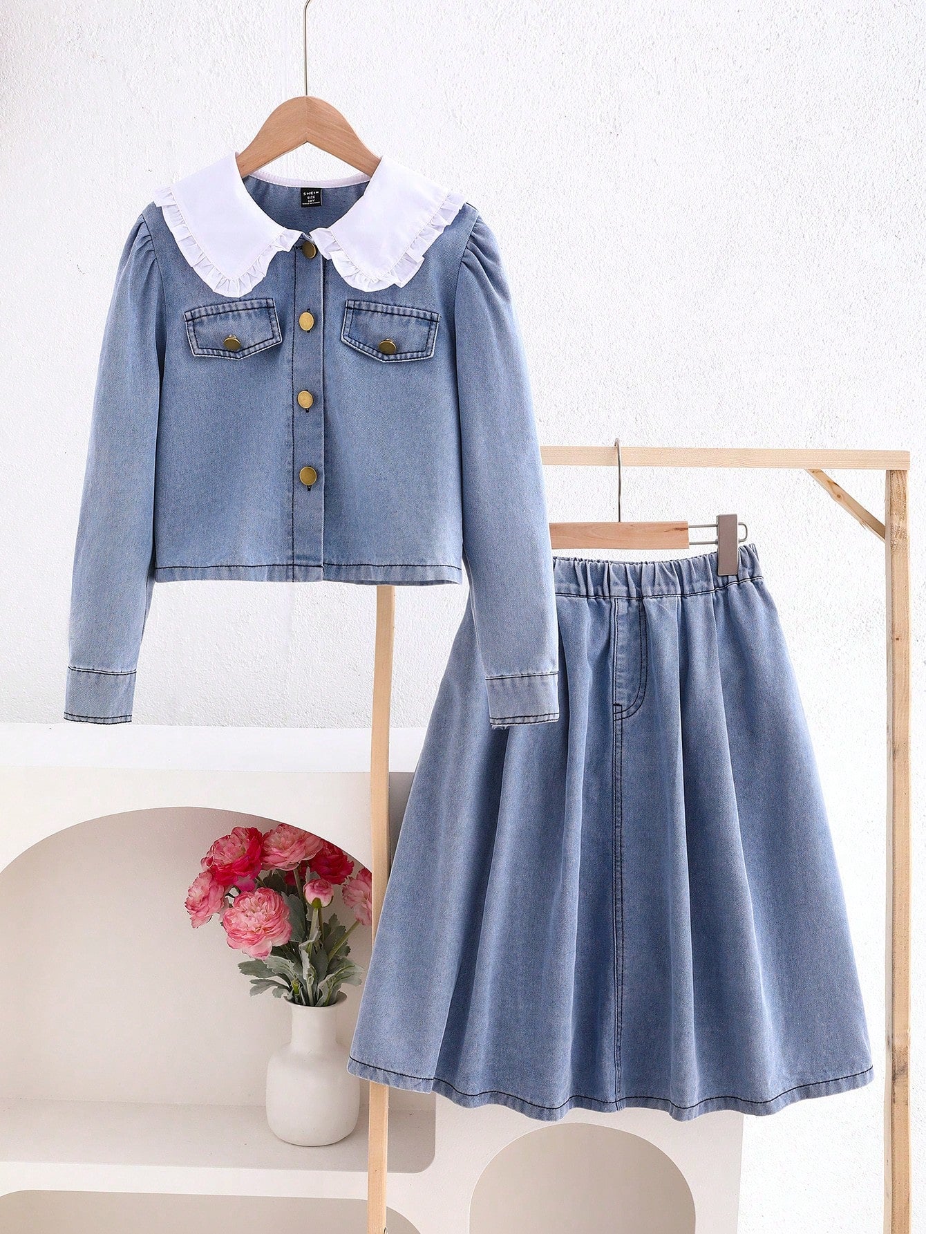 Teenage Girls' Light Colored Casual Loose Fit Denim Jacket With Ruffle Collar Detail & Loose Fit Denim Midi Skirt