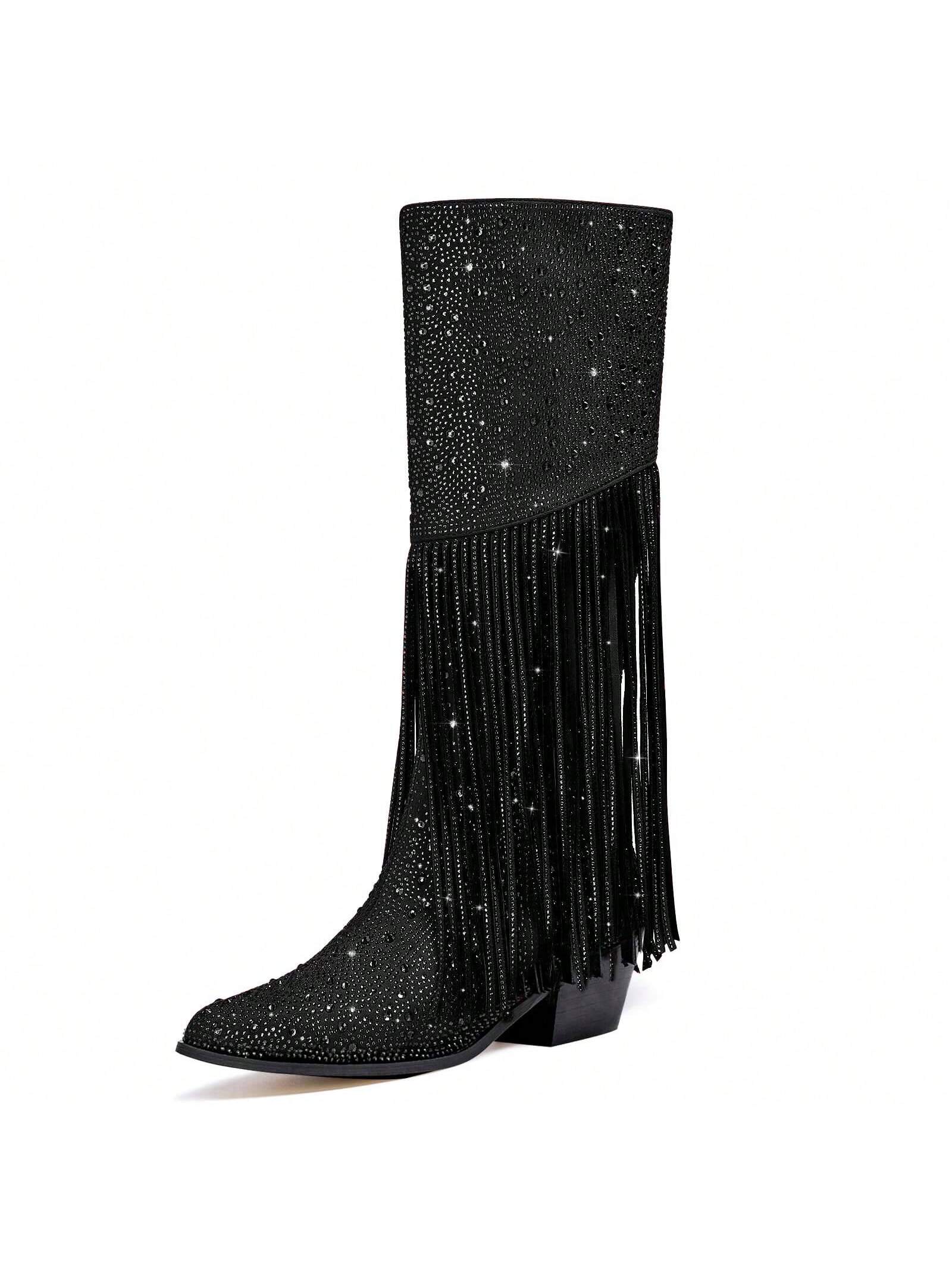 Women's Rhinestone Cowboy Boots Tassel Western Cowgirl Fringe Pointed Toe Block High Heel Zipper Knee High Boots Pull-On Tabs For Girl Dating Sexy Graduation Prom Party Shows Shoes