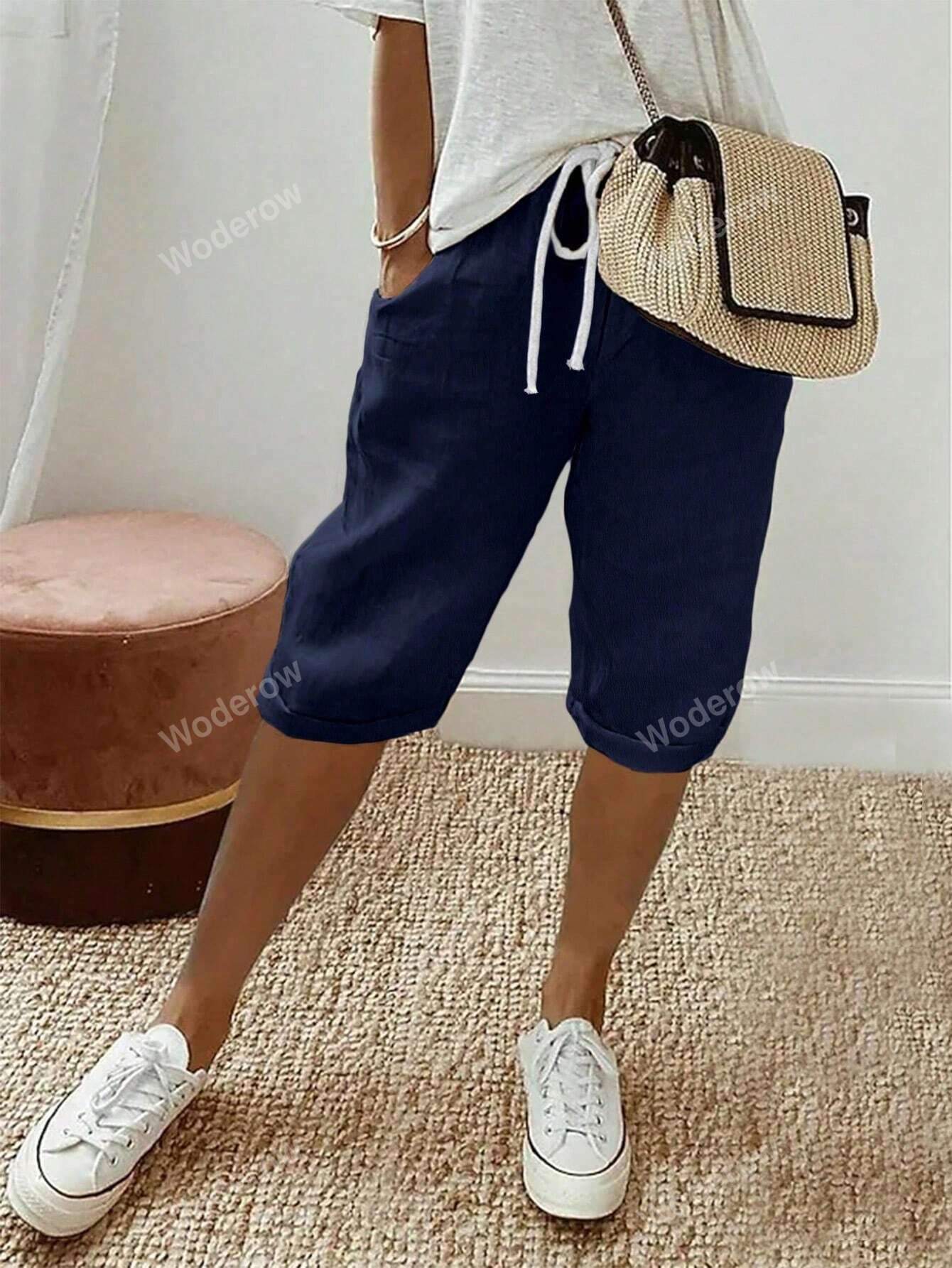 Women's Solid Color Drawstring Waist Pocketed Casual Bermuda Shorts