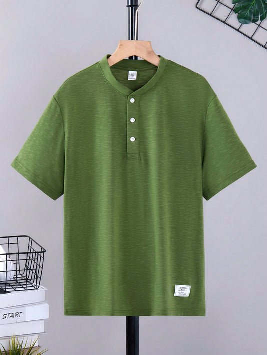 Teen Boy Solid Color Single-Breasted Stand Collar Casual Short Sleeve Shirt For Summer