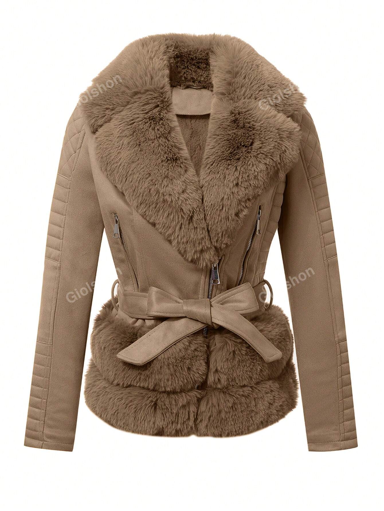 Women Autumn Winter Warm Elegant Short Faux Suede Fur Collar Jacket With Cinched Waist (Faux Fur)