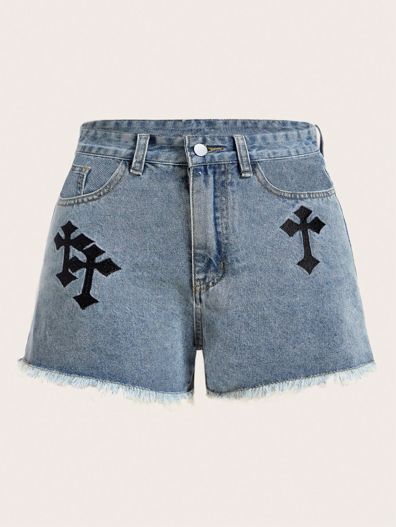 Punk All-Match Punk Style Plus Size Women's Denim Shorts With Frayed Hem And Cross Embroidery