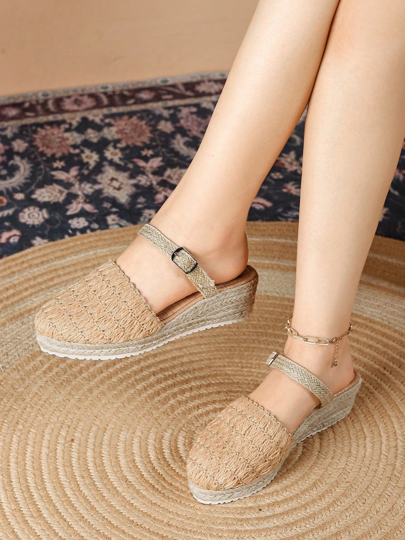 Women D"Orsay Wedge Heel Sandals, Woven Ankle Strap Espadrille Flatforms, Casual Thick Sole Summer Shoes