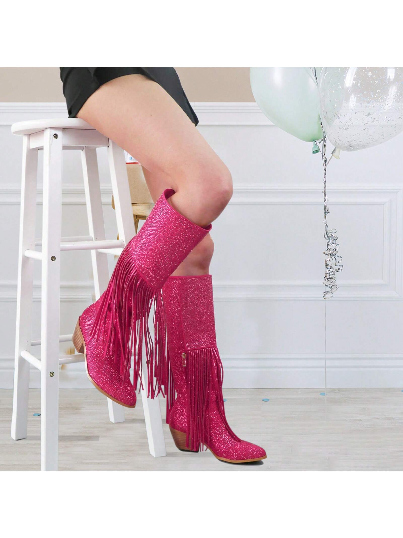 Tassel Western Cowgirl Boots Women's Rhinestone Fashion Cowboy Boots Fringe Pointed Toe Block High Heel Zipper Knee High Boots Pull-On Tabs For Girl Dating Sexy Graduation Prom Party Shows Shoes