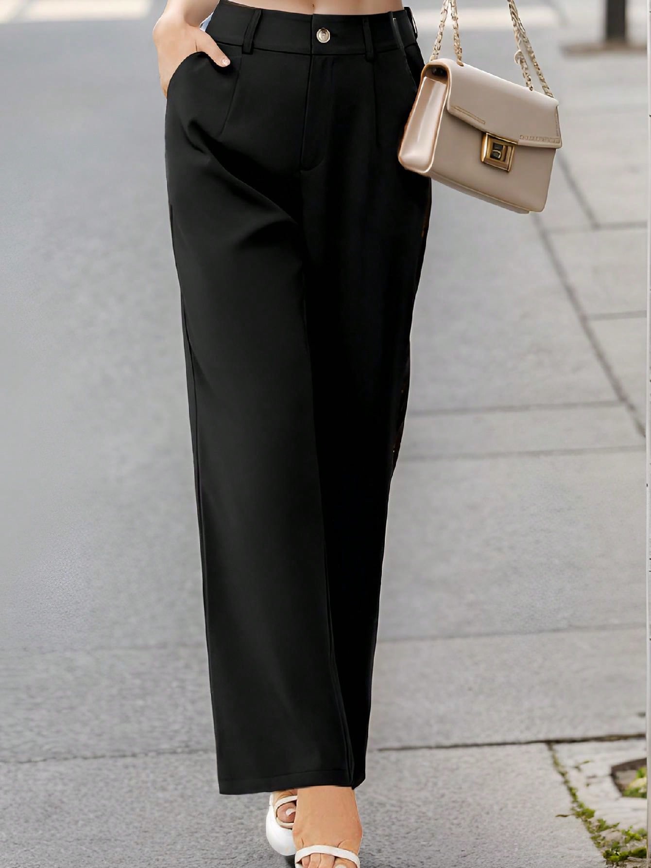 Ladies High Waist Solid Color Straight Trousers