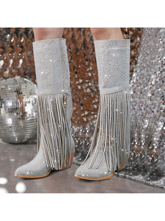 Tassel Western Cowgirl Boots Women's Rhinestone Fashion Cowboy Boots Fringe Pointed Toe Block High Heel Zipper Knee High Boots Pull-On Tabs For Girl Dating Sexy Graduation Prom Party Shows Shoes