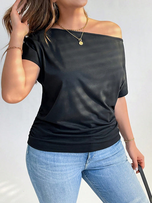 Plus Size Women's Summer Casual Loose Off Shoulder Black Comfortable Tops T-Shirts, Summer Women's Clothes, Cute Summer Tops,Going Out Tops,Teacher Clothes,Curve Tops