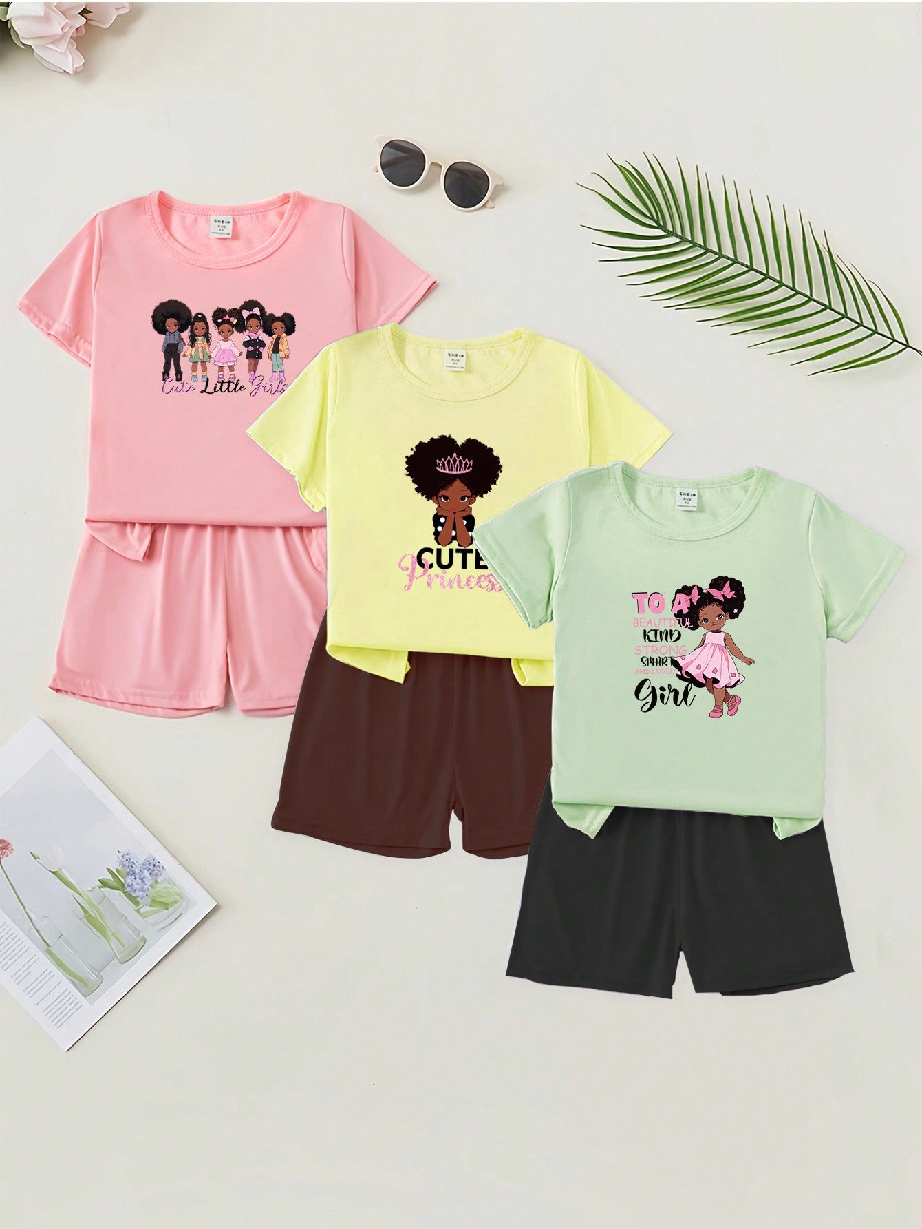 Young Girl 3pcs/Set Fashionable Cute Cartoon Printed Short Sleeve T-Shirt And Leggings