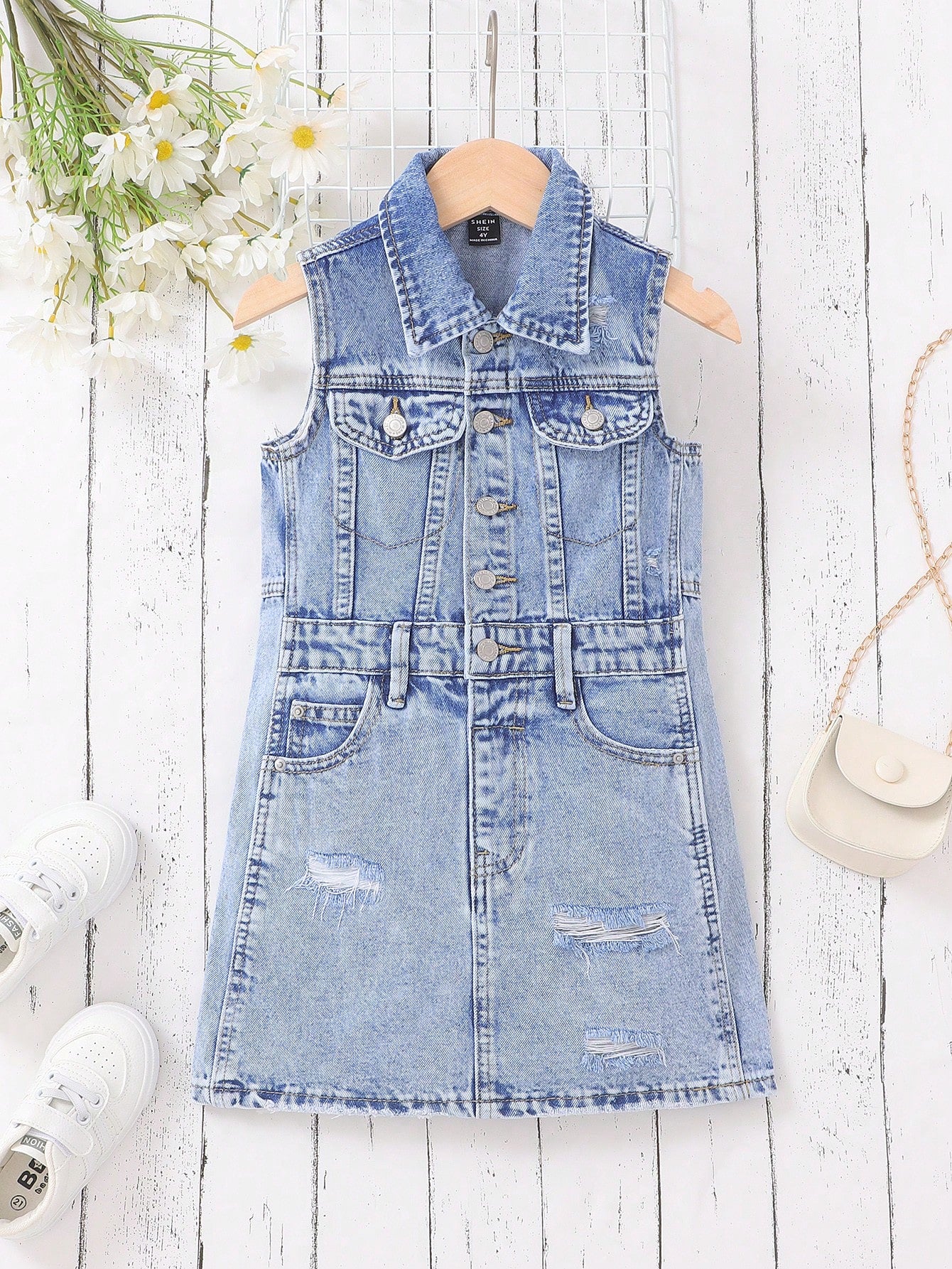 Young Girls Solid Color Stir-Fry Snowflake Pattern & Suspender Buckle Denim Sleeveless Dress For Summer