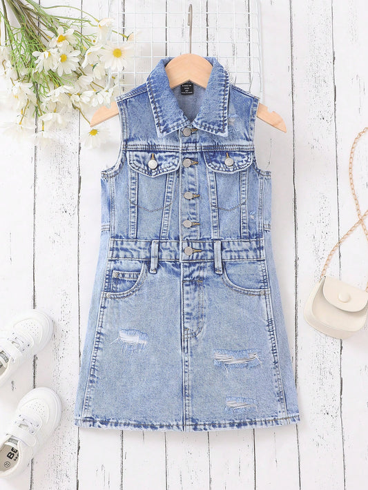 Young Girls Solid Color Stir-Fry Snowflake Pattern & Suspender Buckle Denim Sleeveless Dress For Summer