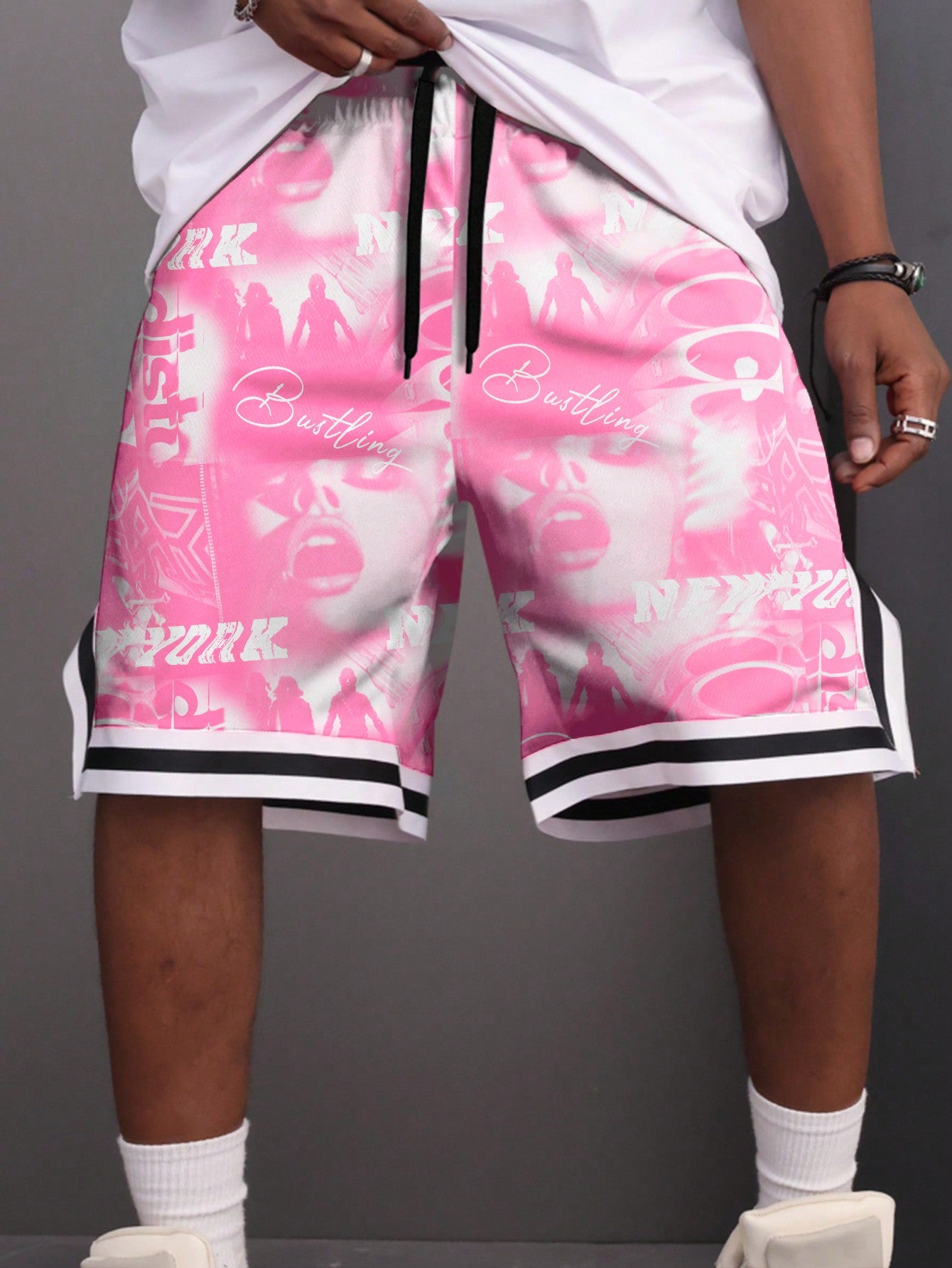 Loose Men Letter Printed Striped Hem Drawstring Graphic Shorts