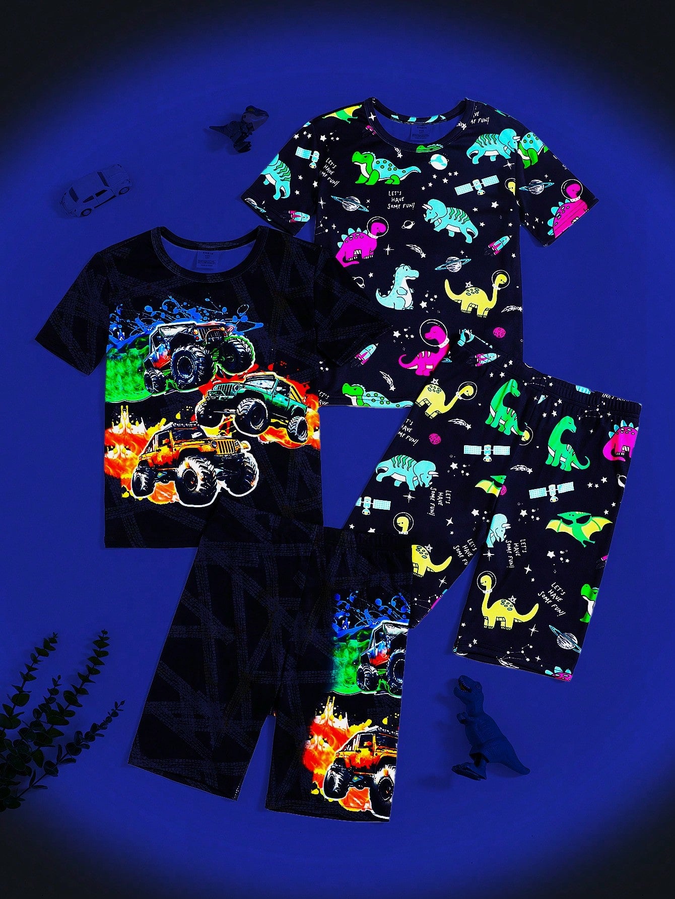 Two Sets Boys Snug Fit Summer Loungewear Set – Glow In The Dark Cartoon Car & Dinosaur Print Short Sleeve Crew Neck Tops & Shorts Sets, Cool Pattern Comfy PJ Sets, Kids' Cozy Sleepwear Outfits