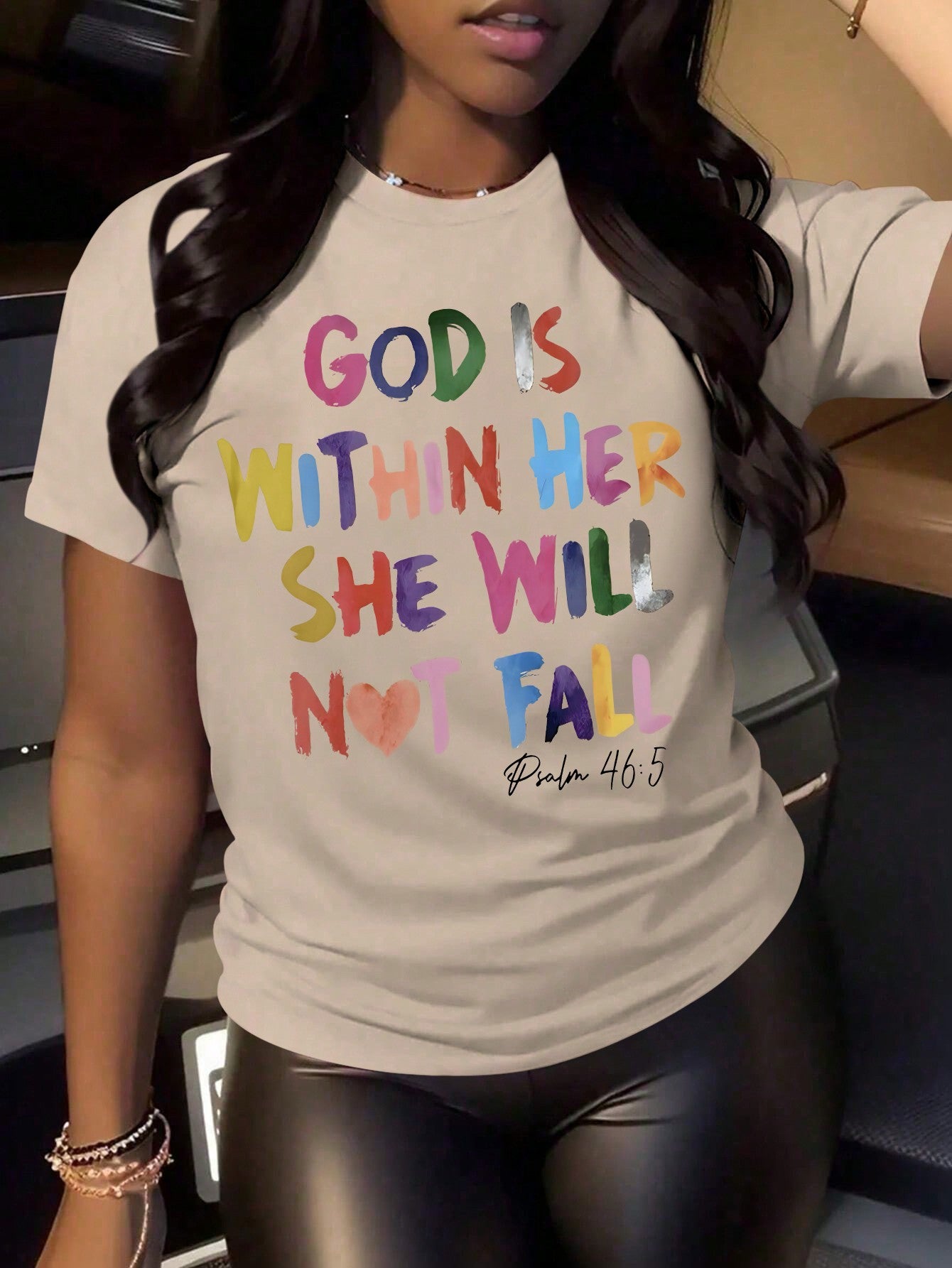 Plus Size Women's Slogan Printed Crew Neck Short Sleeve T-Shirt, GOD IS WITHIN HER SHE WILL NOT FALL