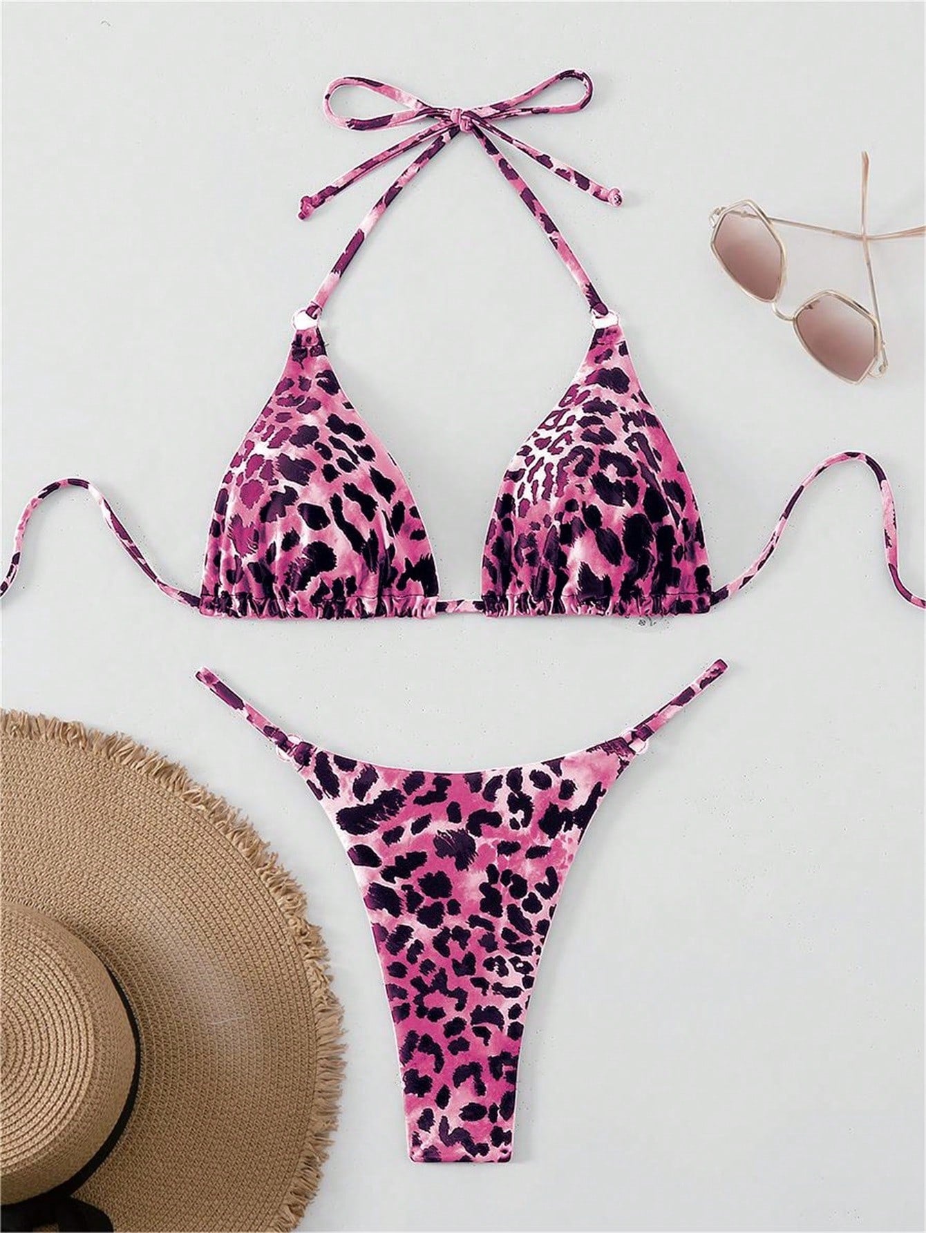 Swim Women's Summer Beach Leopard & Zebra Printed Halter Tie Sexy Two-Piece Bikini Set, Random Print