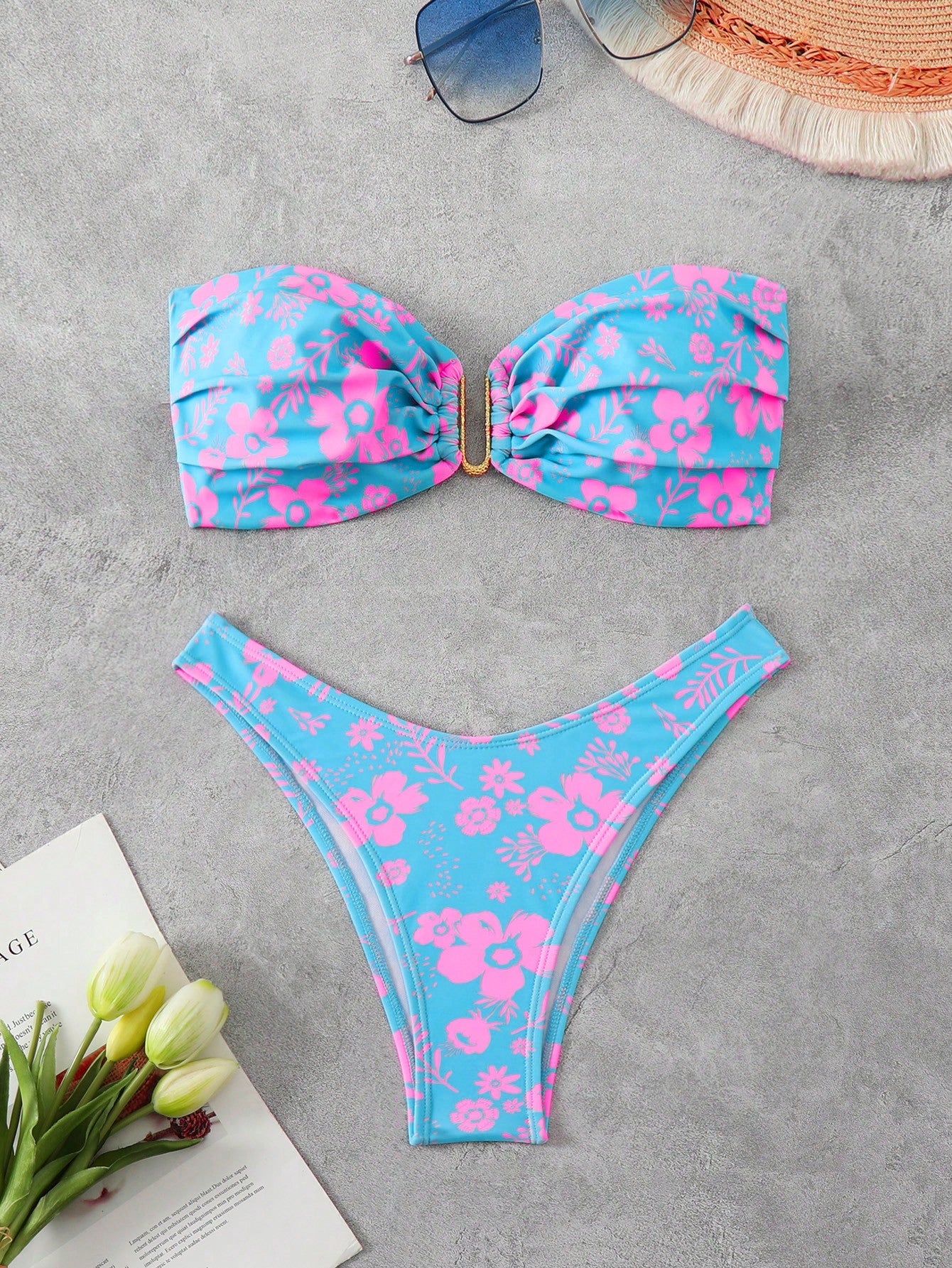 Swim Mod Women's Holiday Floral Printed Bandeau Sexy Bikini Set