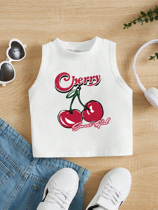 Young Girl's Casual And Simple Cherry Pattern Round Neck Tank Top, Suitable For Summer