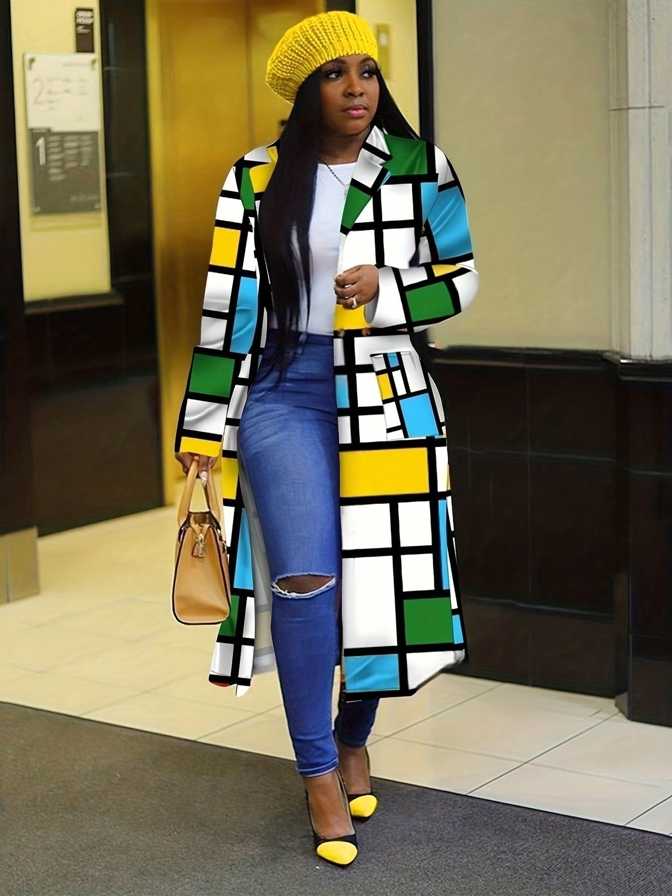 Plus Size Spring/Autumn Fashionable Color-Block Geometric Printed Long Coat